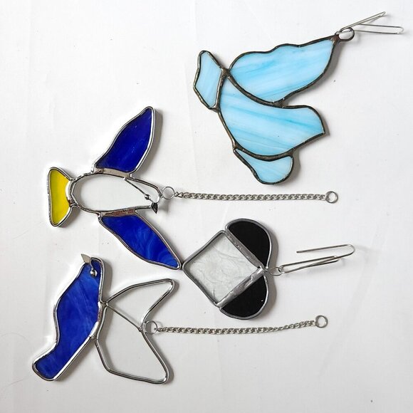 ADORABLE Stained Glass Minis LOT of 4 Hanging Stained Glass HEART BUTTERFLY BIRD - Picture 1 of 5